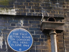 Mile End, the first flying bomb on London fell here June 1944