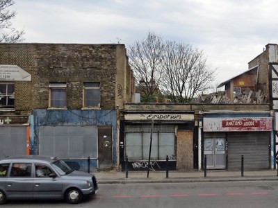 Limehouse, E14 derelict shops on  Commercial Road in the East End of London